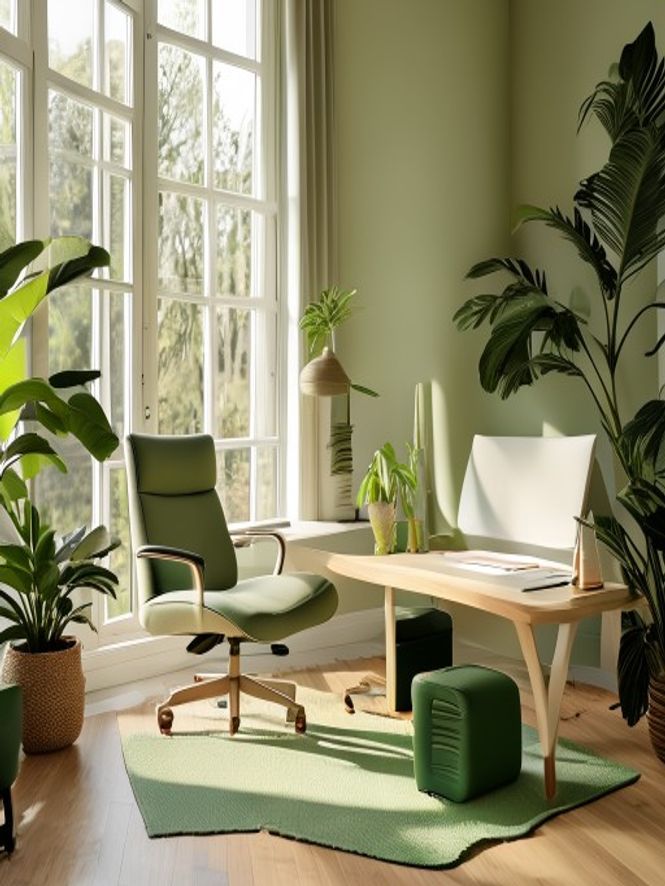 A bright home office with natural light, ergonomic setup, and space for movement breaks
