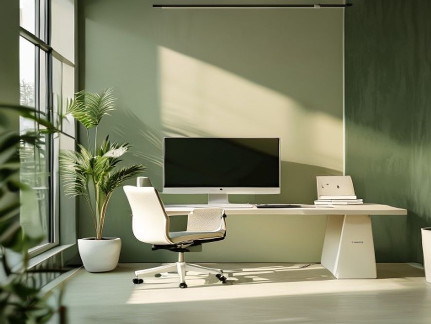 A bright, modern office workspace with ergonomic setup and plant, showing a healthy work environment